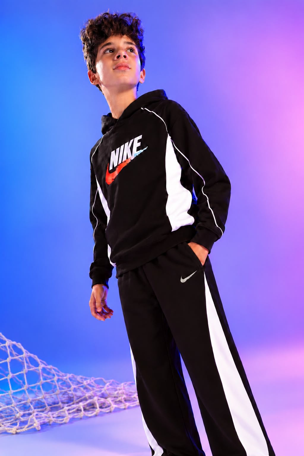 Boys’ Black and White Hooded Tracksuit Set – Sporty Sweatshirt and Jogger Pants