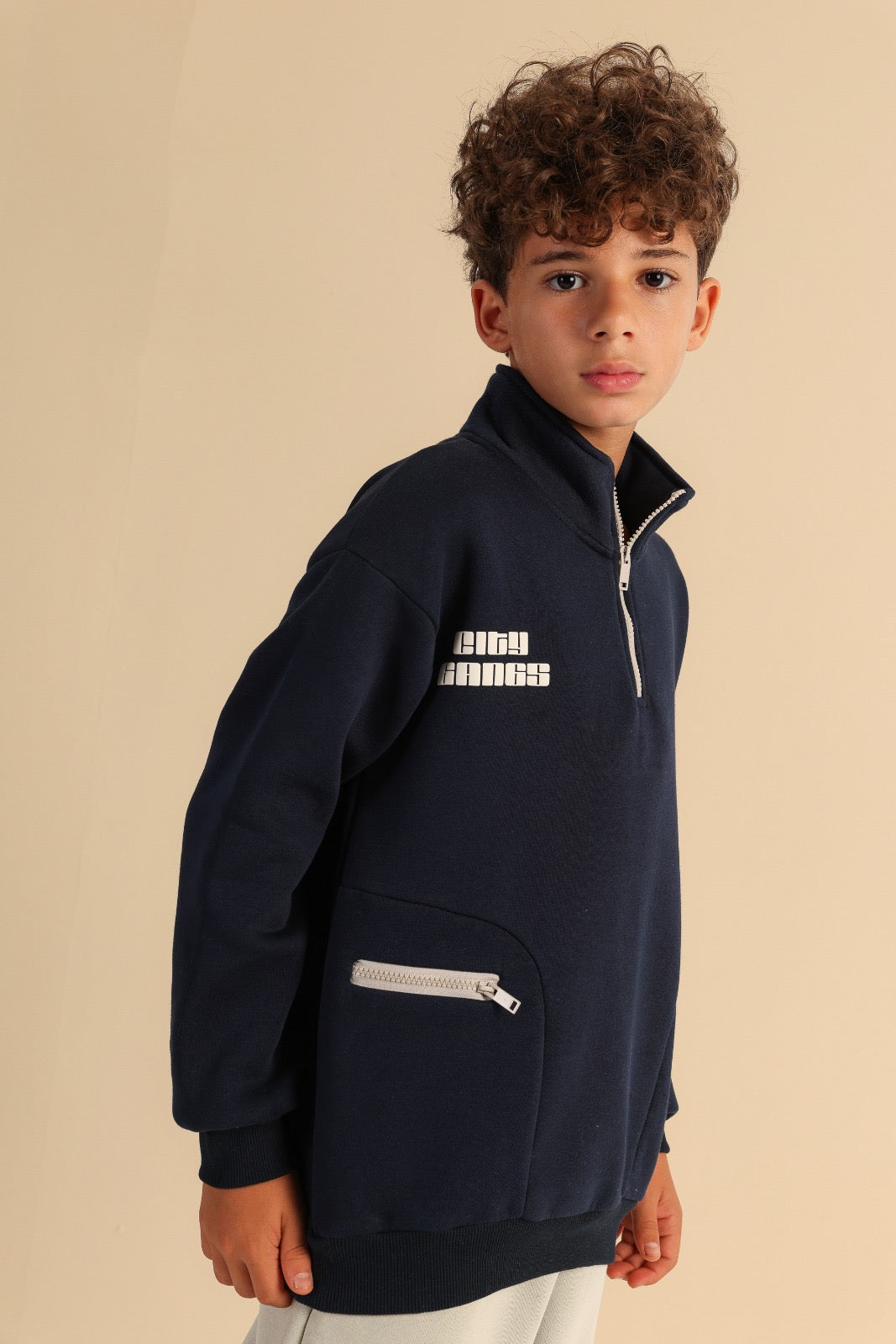 Boys’ Navy Blue Quarter-Zip Sweatshirt with Zipper Pockets – Casual Pullover Top