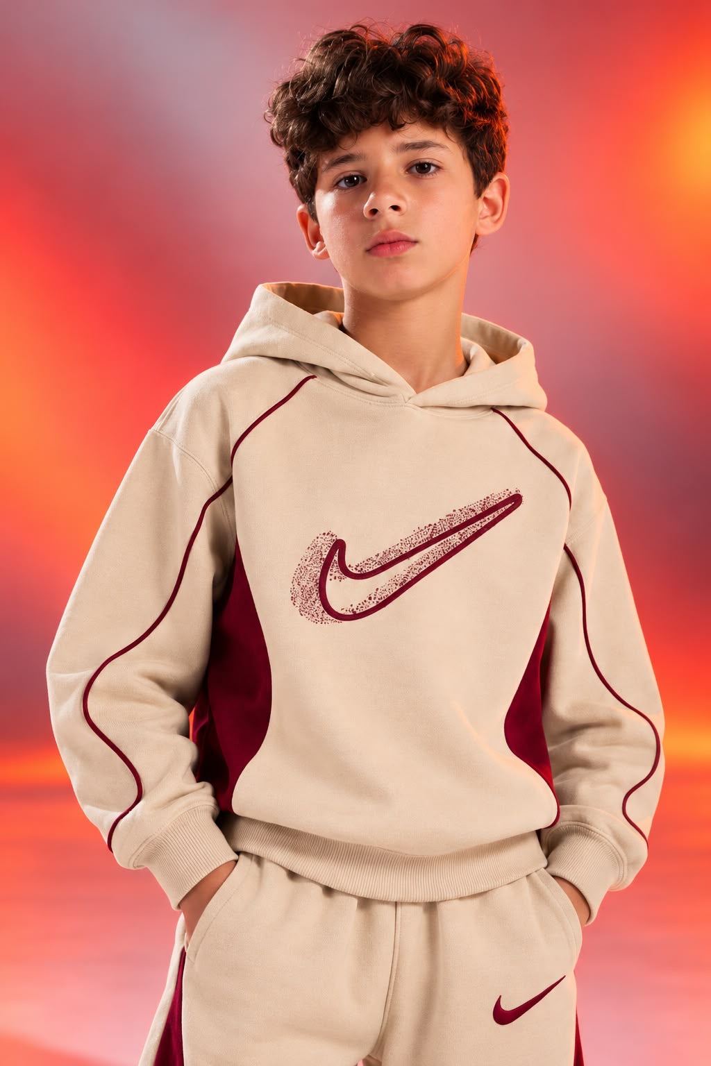 Boys’ Beige and Burgundy Color Block Hoodie & Jogger Tracksuit Set
