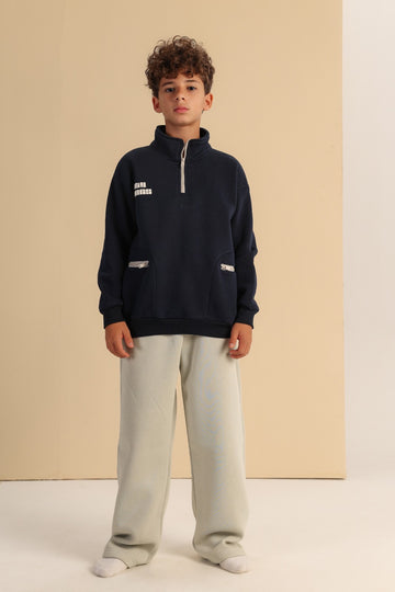 Boys’ Navy Blue Quarter-Zip Sweatshirt with Zipper Pockets – Casual Pullover Top
