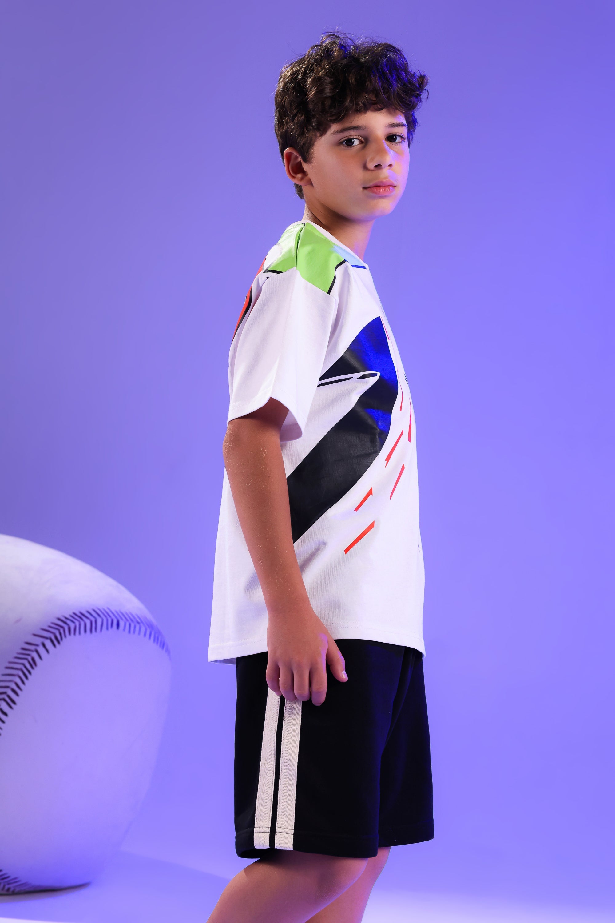 Boys White Graphic T-Shirt & Black Sports Shorts Set