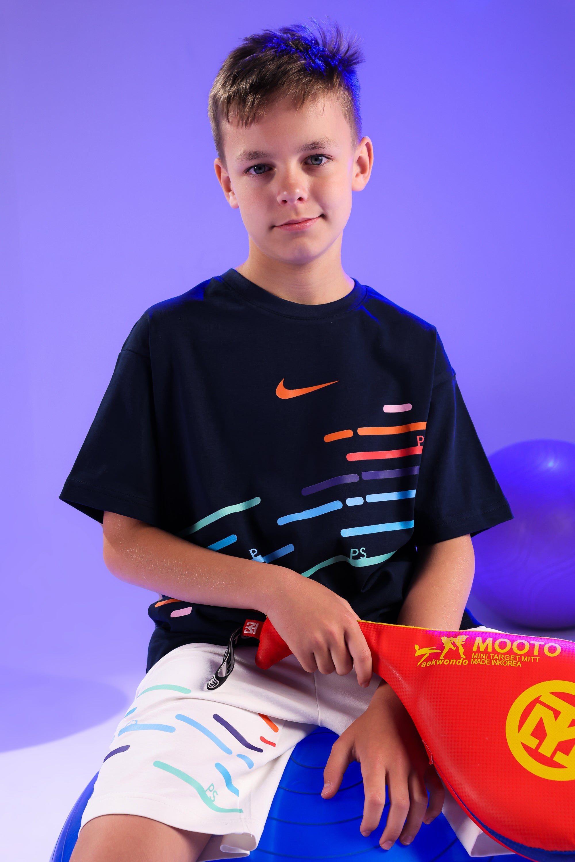 Kids Sports Summer Outfit – Navy Graphic Cotton T-Shirt & White Printed Shorts