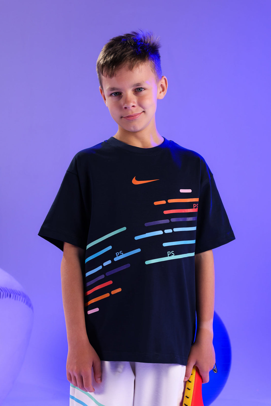 Kids Sports Summer Outfit – Navy Graphic Cotton T-Shirt & White Printed Shorts