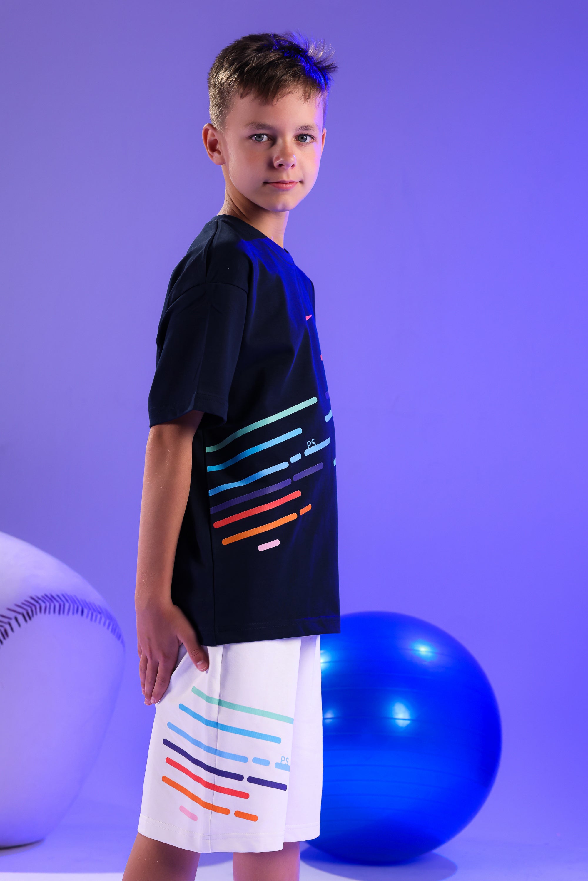 Kids Sports Summer Outfit – Navy Graphic Cotton T-Shirt & White Printed Shorts