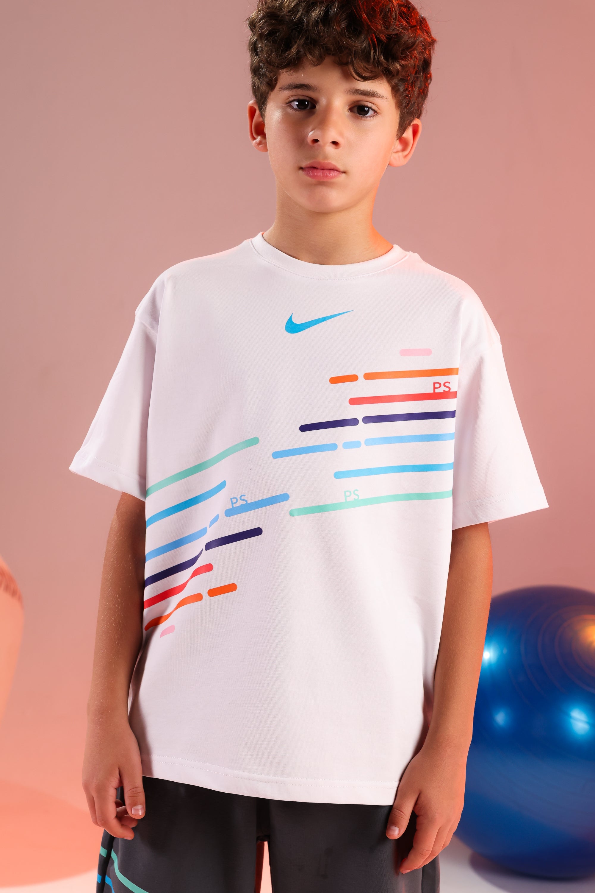 Boys White Graphic T-Shirt & Charcoal Sports Shorts Set