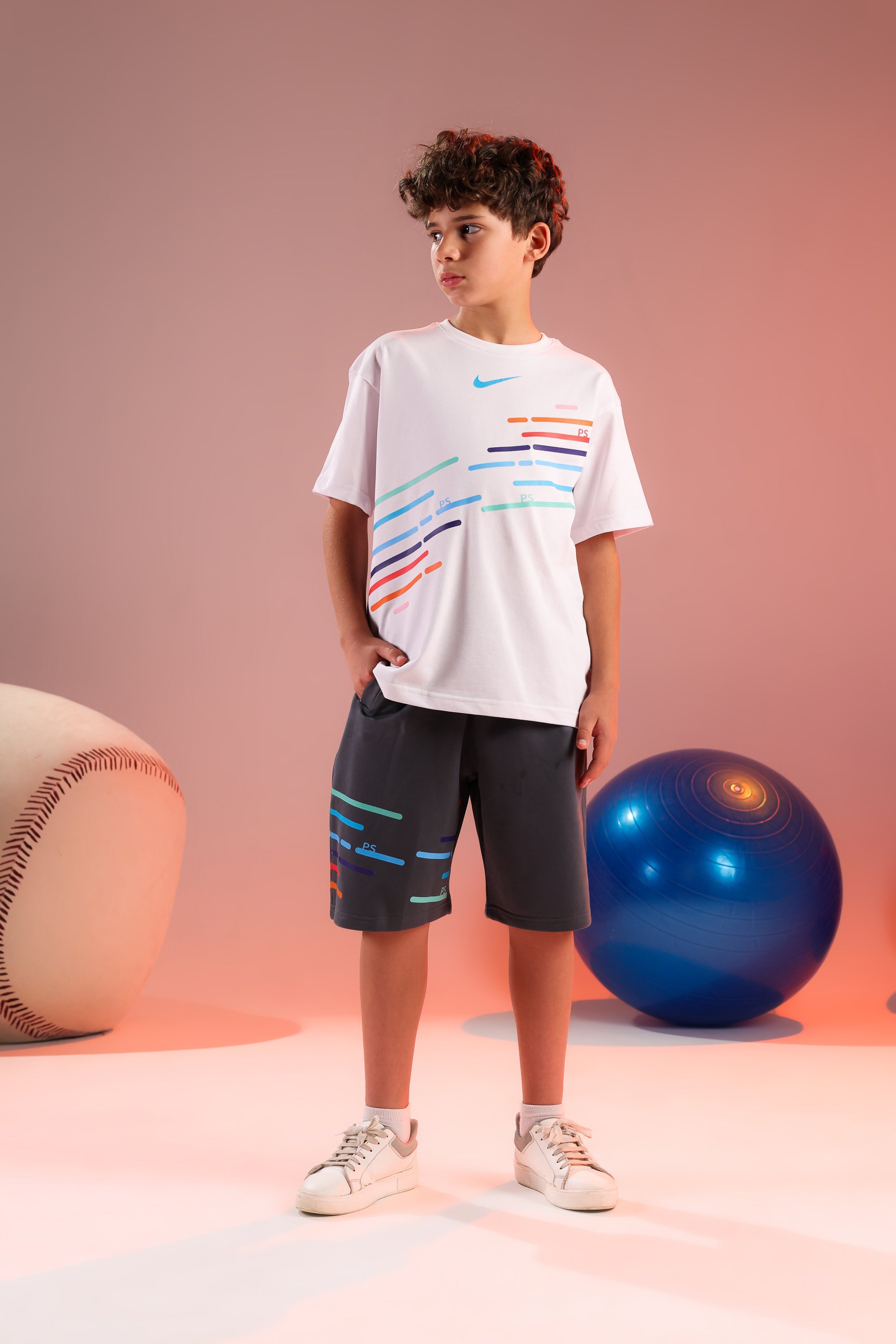 Boys White Graphic T-Shirt & Charcoal Sports Shorts Set