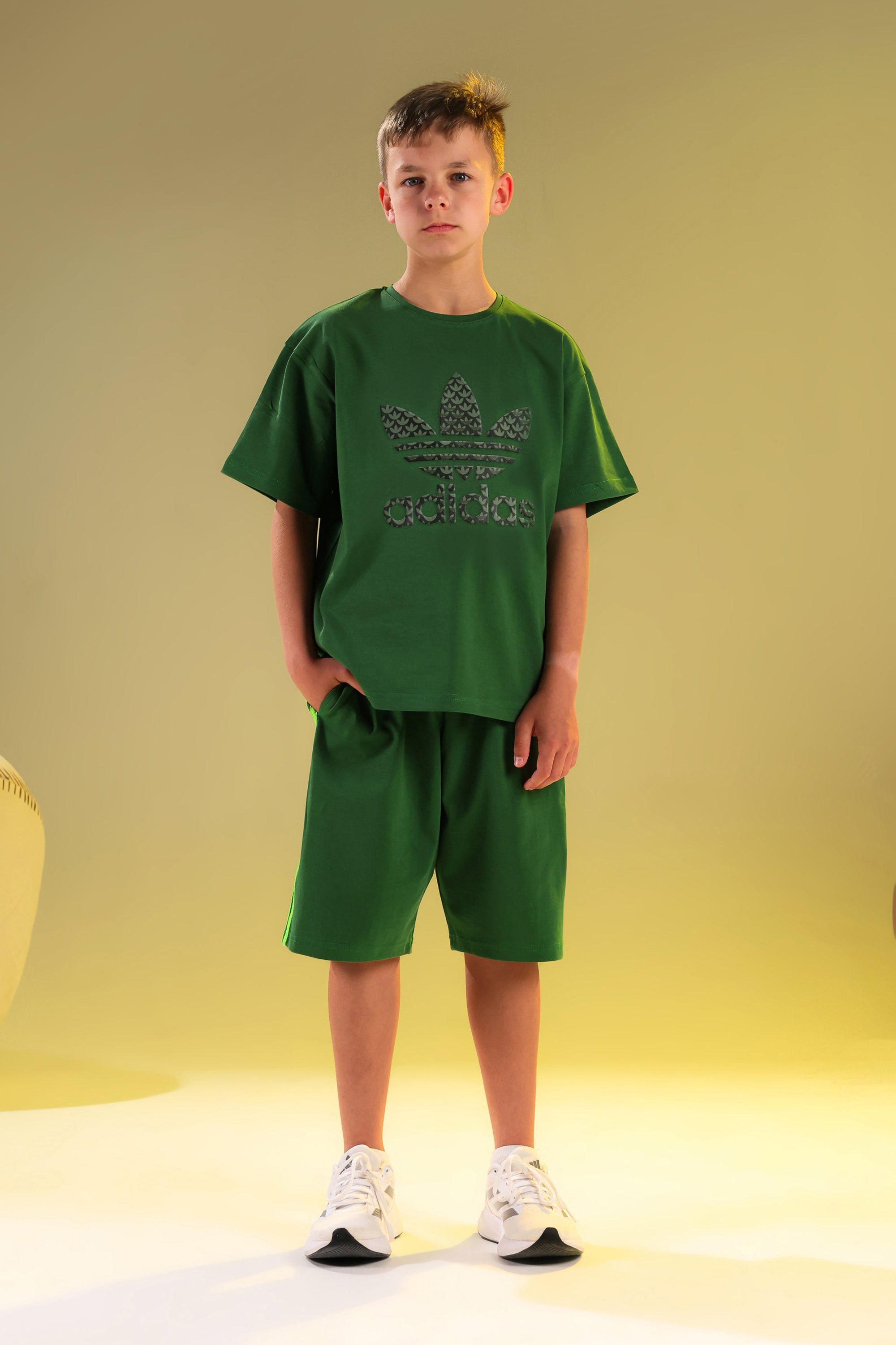 Kids Oversized Sports Cotton Set – Green Graphic T-Shirt & Matching Shorts