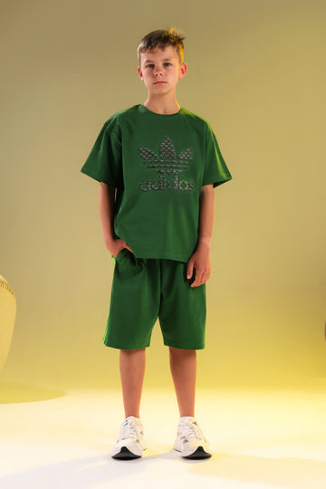 Kids Oversized Sports Cotton Set – Green Graphic T-Shirt & Matching Shorts