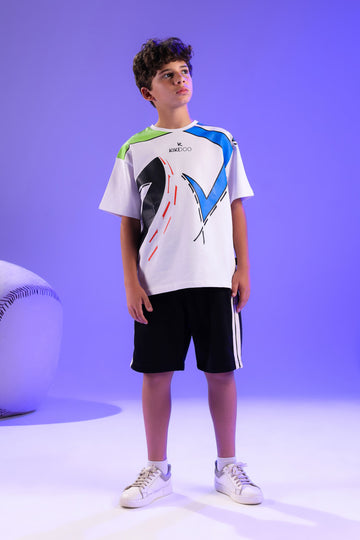 Boys White Graphic T-Shirt & Black Sports Shorts Set