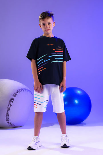 Kids Sports Summer Outfit – Navy Graphic Cotton T-Shirt & White Printed Shorts