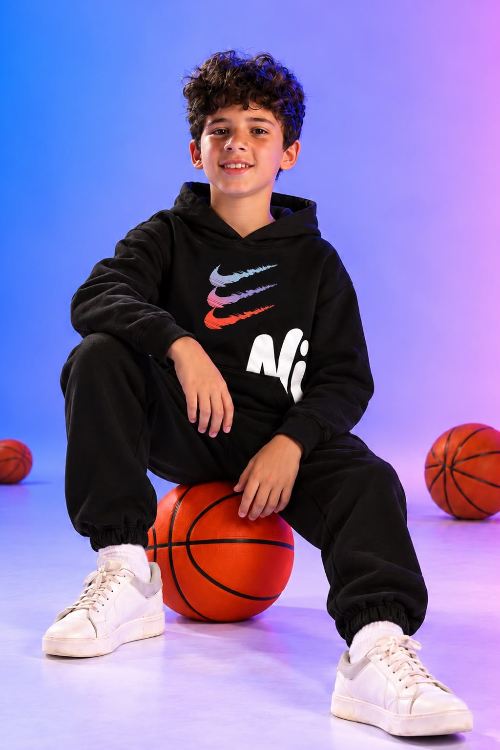 Boys’ Black Nike-Style Hoodie and Jogger Set with Multicolor Graphic Print