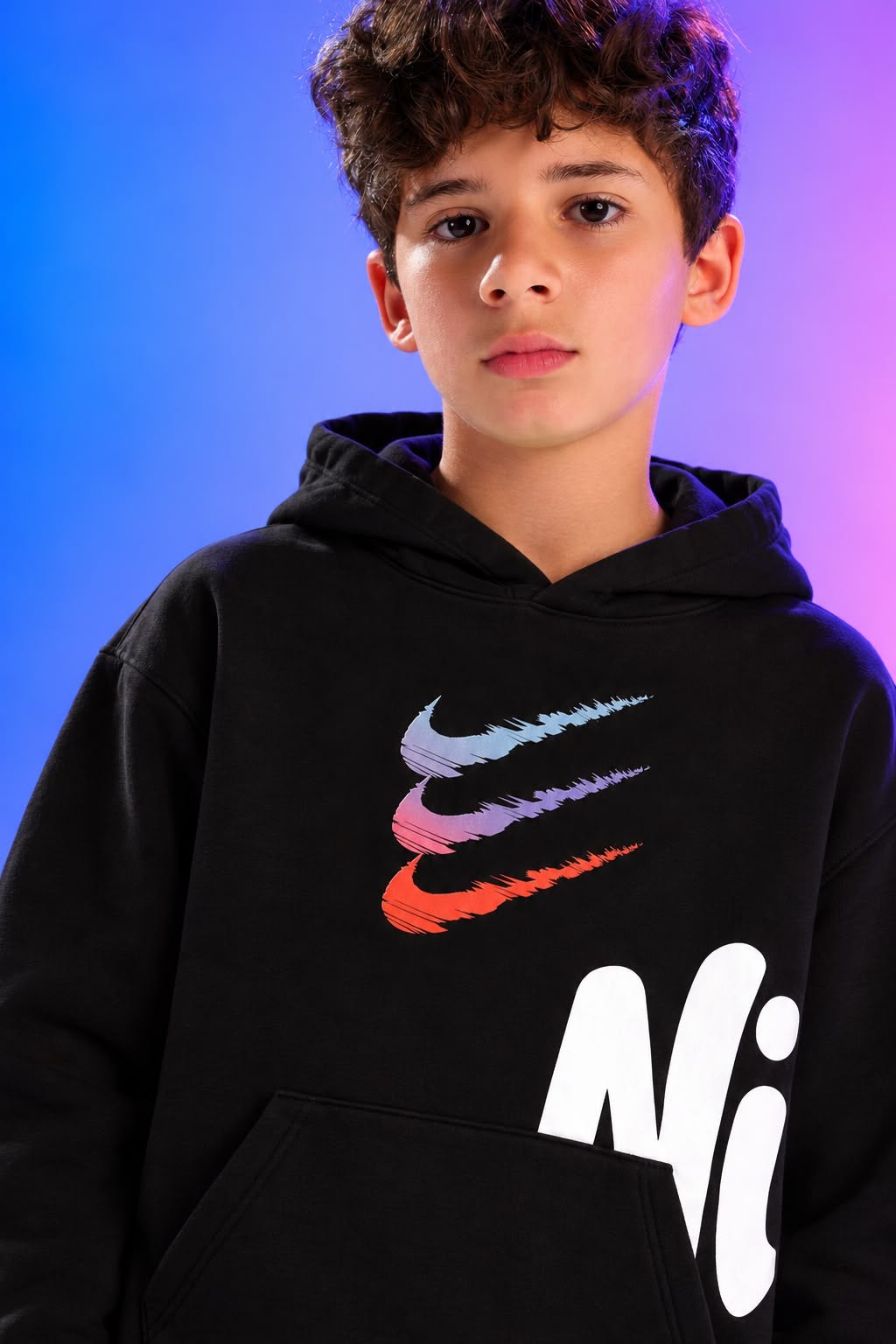 Boys’ Black Nike-Style Hoodie and Jogger Set with Multicolor Graphic Print