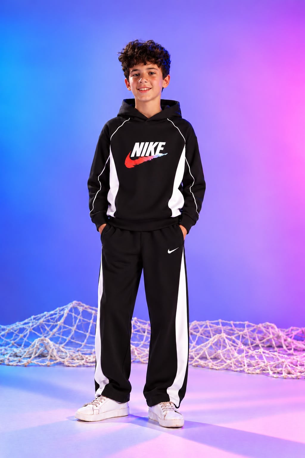 Boys’ Black and White Hooded Tracksuit Set – Sporty Sweatshirt and Jogger Pants