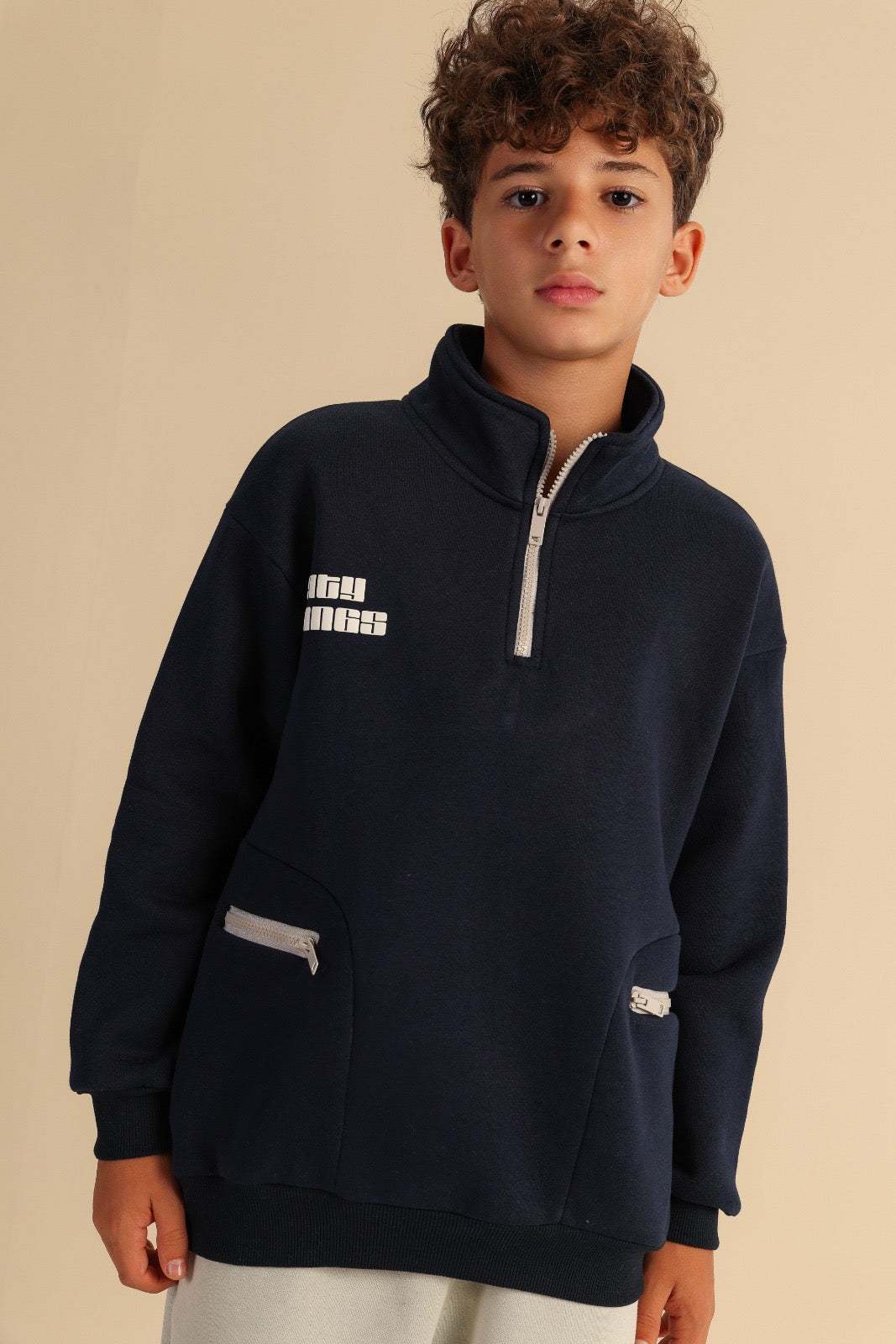 Boys’ Navy Blue Quarter-Zip Sweatshirt with Zipper Pockets – Casual Pullover Top