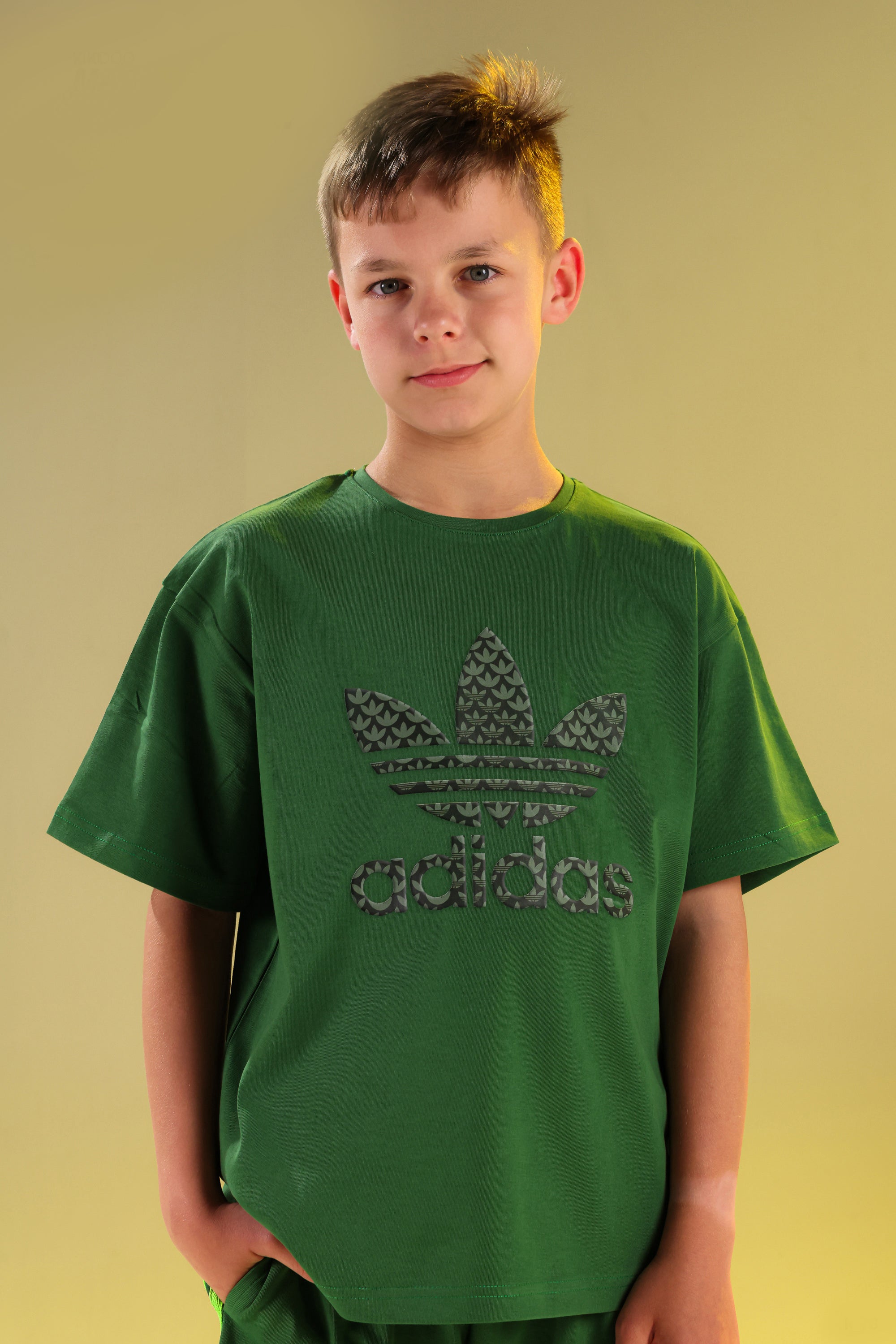 Kids Oversized Sports Cotton Set – Green Graphic T-Shirt & Matching Shorts