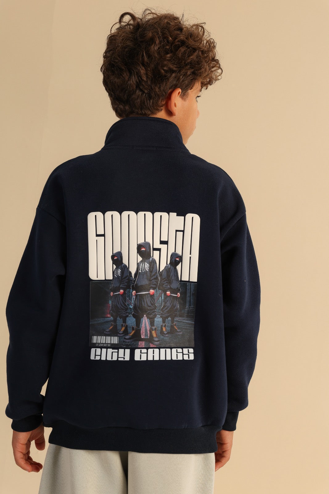 Boys’ Navy Blue Quarter-Zip Sweatshirt with Zipper Pockets – Casual Pullover Top