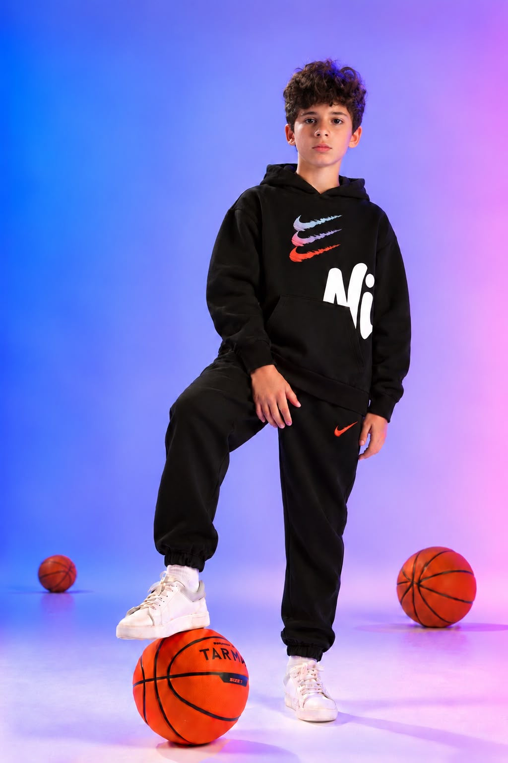Boys’ Black Nike-Style Hoodie and Jogger Set with Multicolor Graphic Print