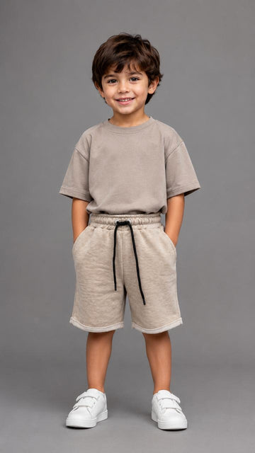 Boys Beige Cotton Sweat Shorts – Soft Casual Drawstring Shorts with Side Pockets
