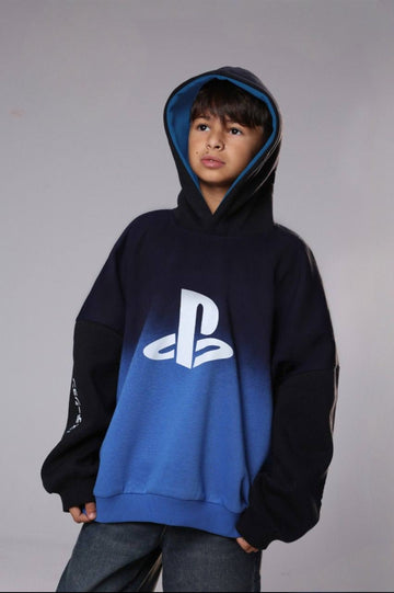Boys’ PlayStation Graphic Hoodie – Blue & Black Colorblock Gaming Sweatshirt