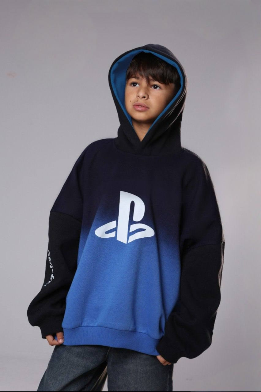 Boys’ PlayStation Graphic Hoodie – Blue & Black Colorblock Gaming Sweatshirt