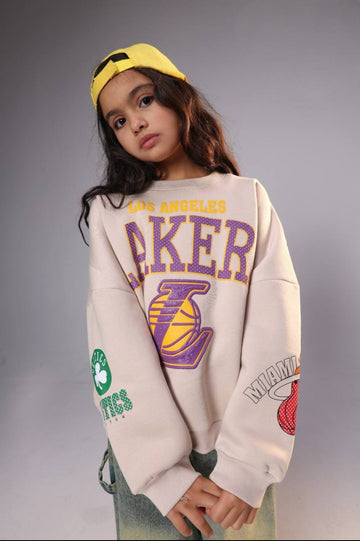 Girls’ Lakers Graphic Sweatshirt – Oversized Crewneck with Multi-Print Sleeves