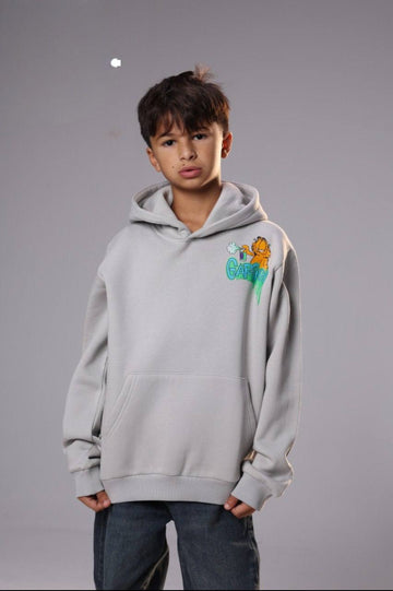 Boys’ Light Gray Garfield Graphic Hoodie with Kangaroo Pocket – Casual Kids’ Sweatshirt