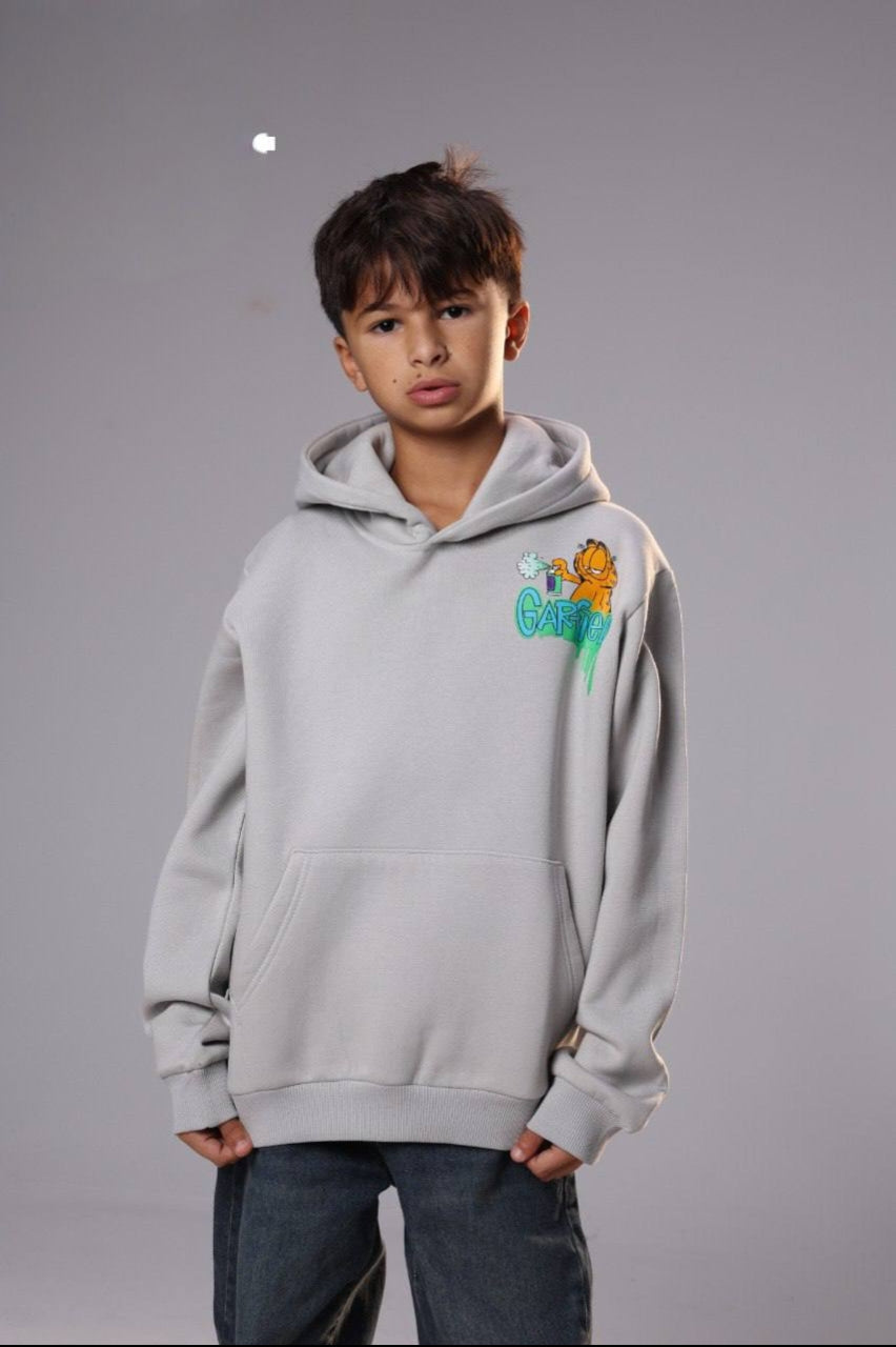 Boys’ Light Gray Garfield Graphic Hoodie with Kangaroo Pocket – Casual Kids’ Sweatshirt