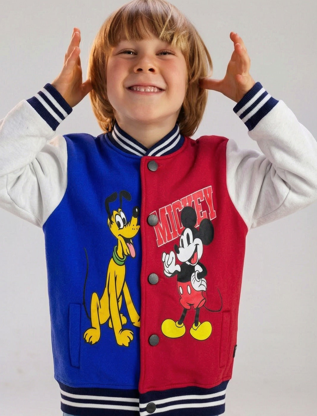 Kids Mickey Mouse & Pluto Varsity Jacket – Colorblock Cartoon Baseball Jacket