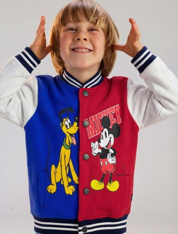 Kids Mickey Mouse & Pluto Varsity Jacket – Colorblock Cartoon Baseball Jacket