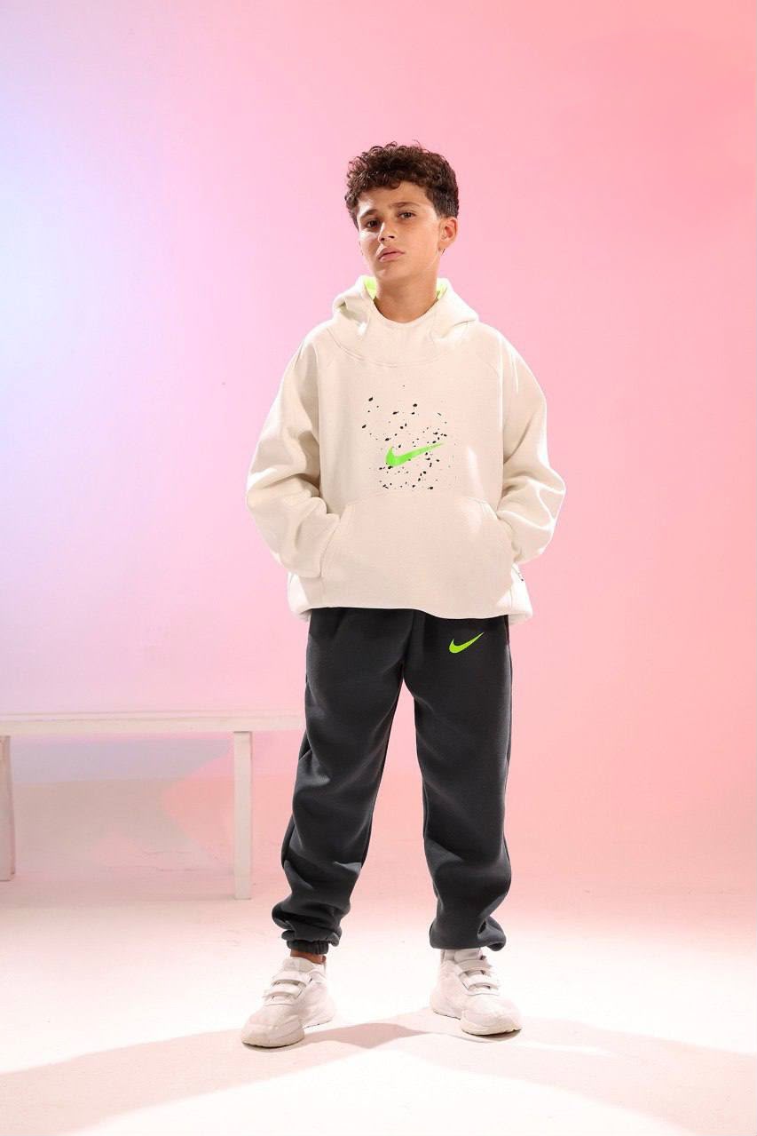 Boys’ Cream & Black 2-Piece Hoodie Tracksuit Set with Neon Green Graphic
