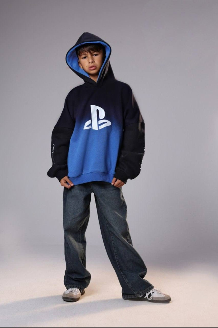 Boys’ PlayStation Graphic Hoodie – Blue & Black Colorblock Gaming Sweatshirt