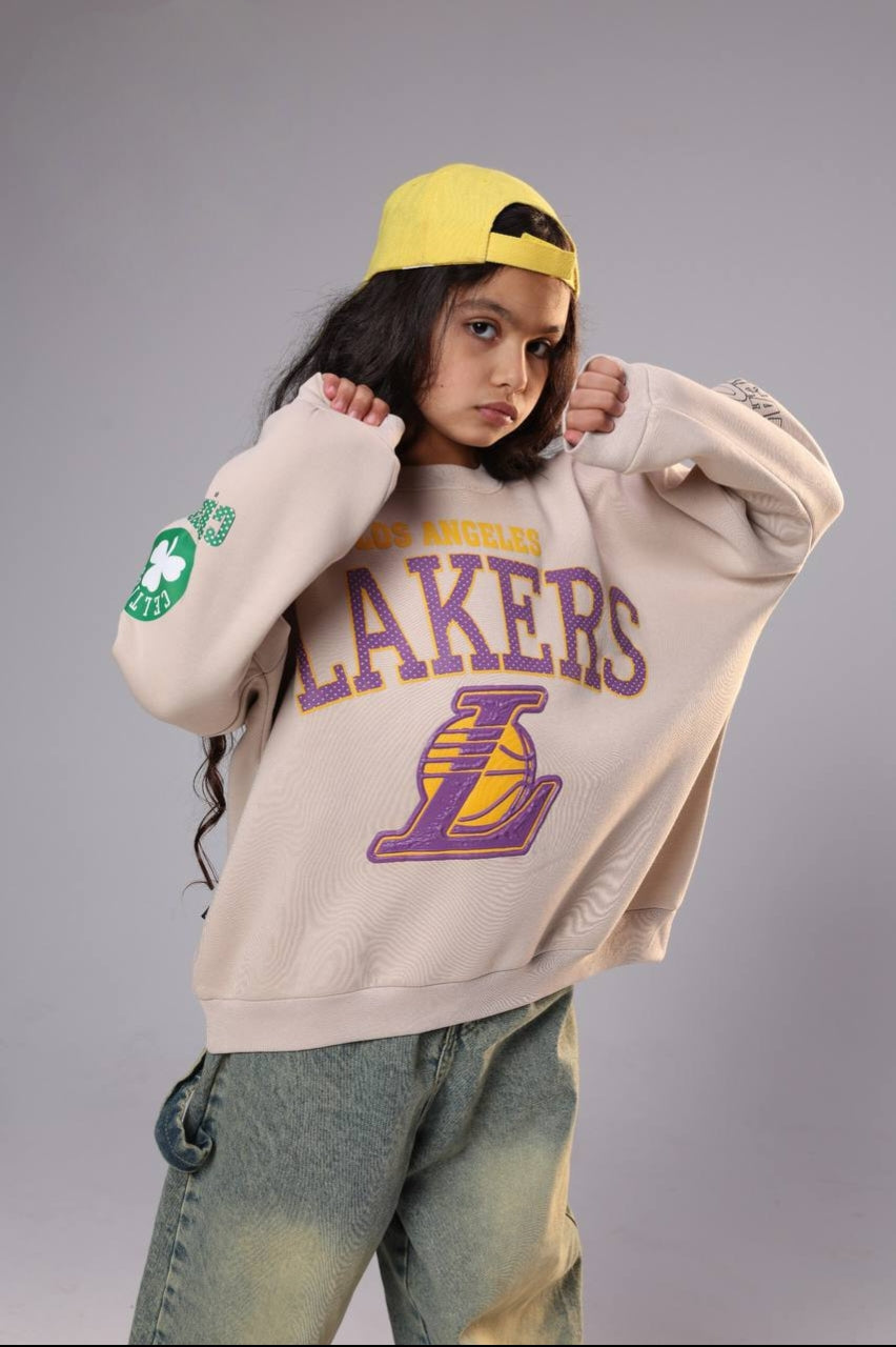 Girls’ Lakers Graphic Sweatshirt – Oversized Crewneck with Multi-Print Sleeves