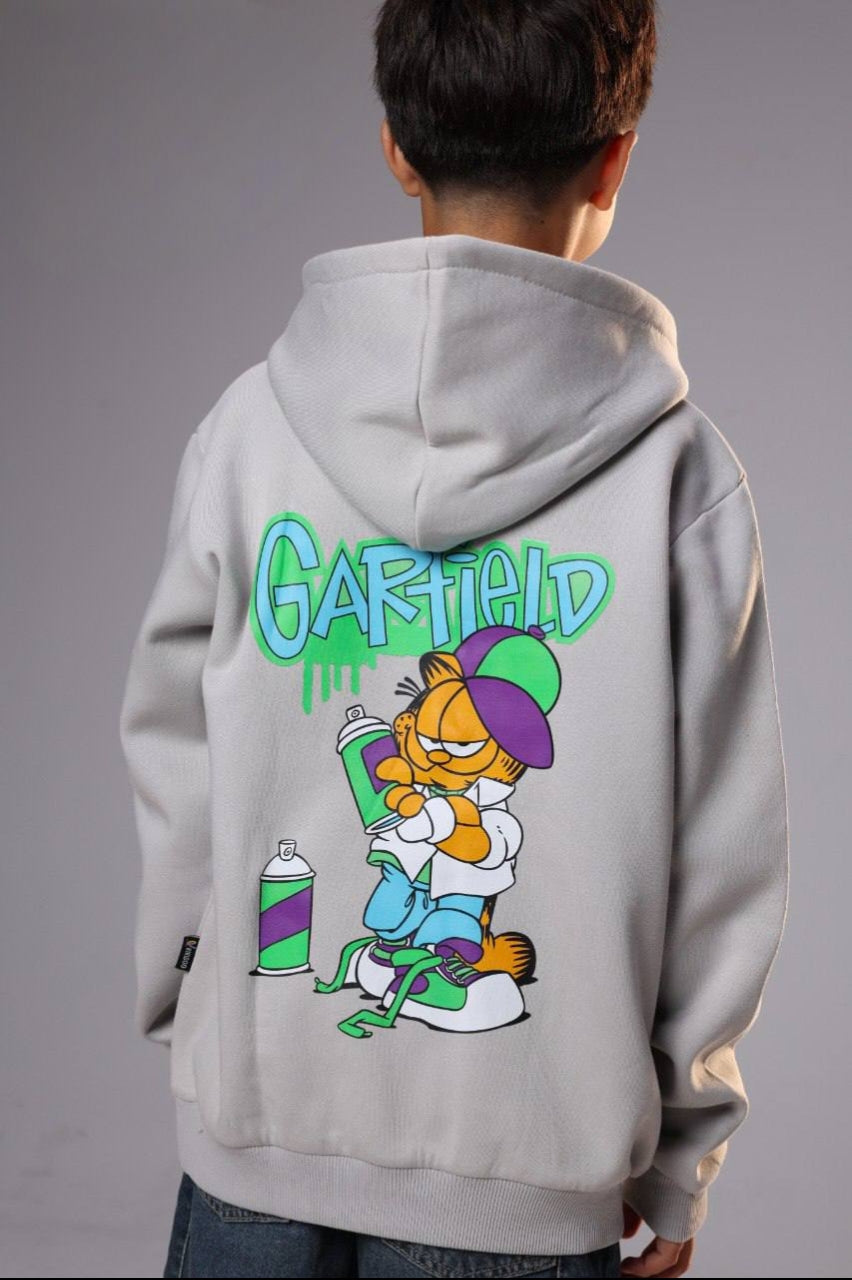Boys’ Light Gray Garfield Graphic Hoodie with Kangaroo Pocket – Casual Kids’ Sweatshirt