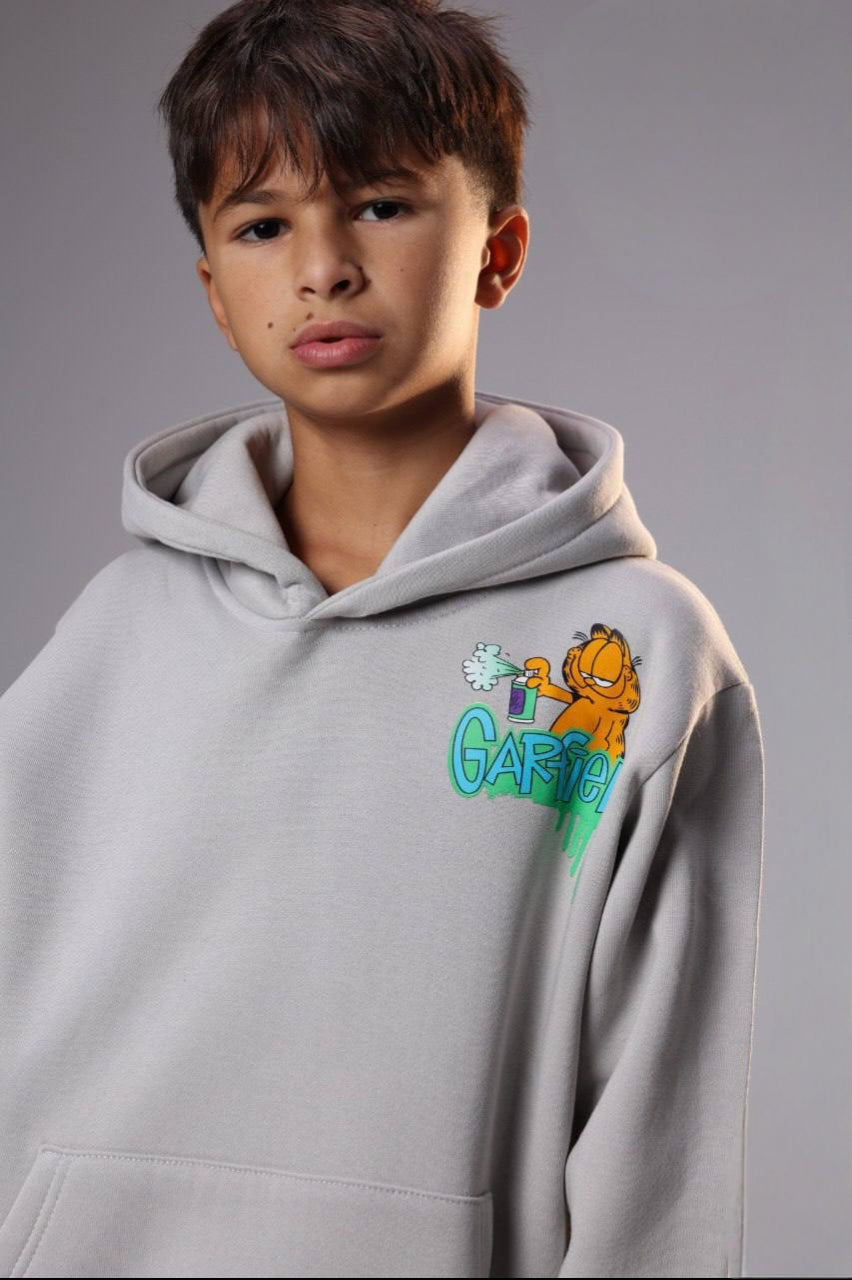 Boys’ Light Gray Garfield Graphic Hoodie with Kangaroo Pocket – Casual Kids’ Sweatshirt