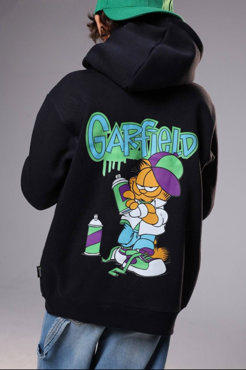 Boys’ Black Garfield Graphic Hoodie with Kangaroo Pocket – Casual Kids’ Sweatshirt
