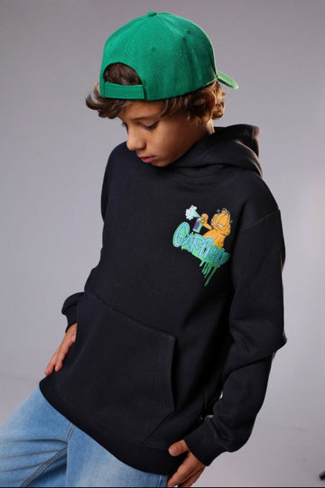 Boys’ Black Garfield Graphic Hoodie with Kangaroo Pocket – Casual Kids’ Sweatshirt