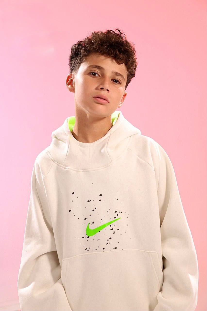Boys’ Cream & Black 2-Piece Hoodie Tracksuit Set with Neon Green Graphic