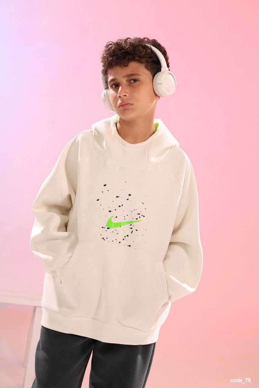 Boys’ Cream & Black 2-Piece Hoodie Tracksuit Set with Neon Green Graphic