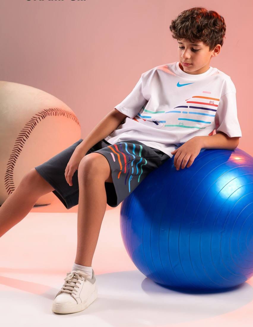 Kids Performance T-Shirt & Shorts Set – White Graphic Tee with Charcoal Sports Shorts