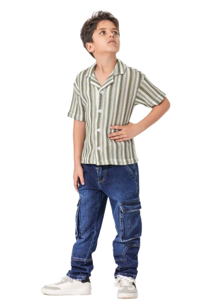 Olive Striped Knit Button - Up Shirt - Bubbles Kids WearAll