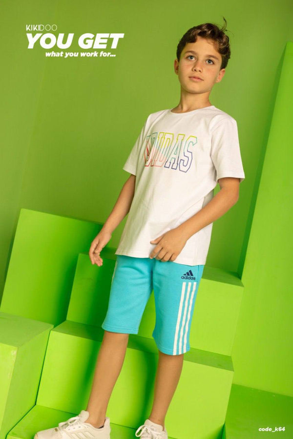 White ADIDAS Rainbow Logo T-Shirt + Light Blue ADIDAS Shorts