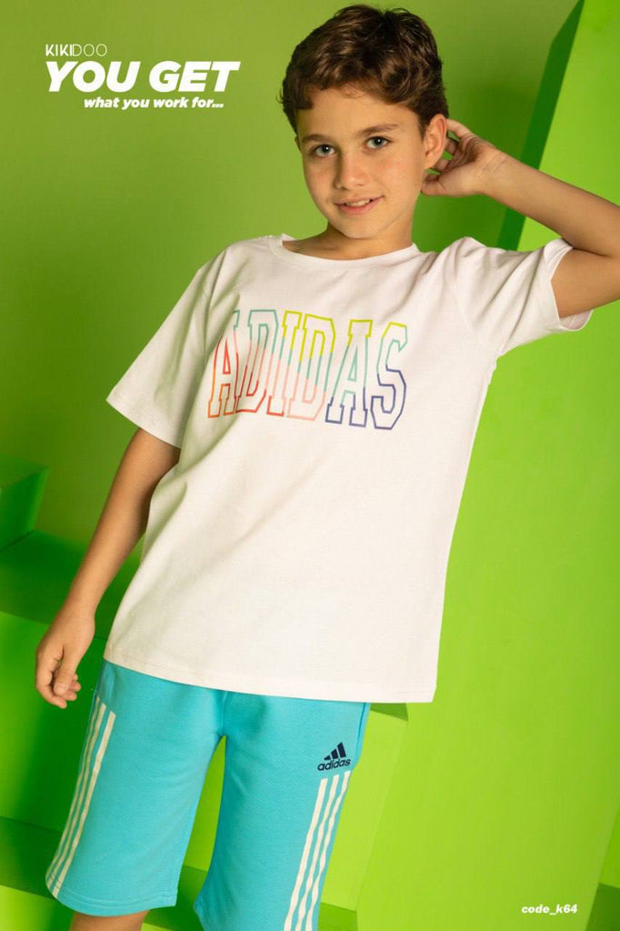 White ADIDAS Rainbow Logo T-Shirt + Light Blue ADIDAS Shorts