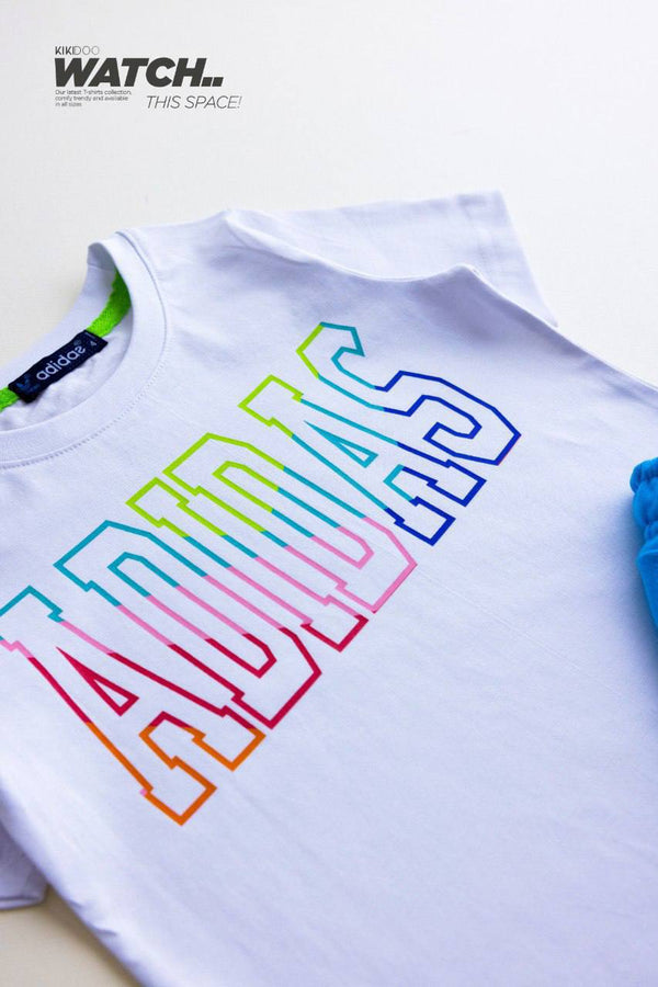 White ADIDAS Rainbow Logo T-Shirt + Light Blue ADIDAS Shorts