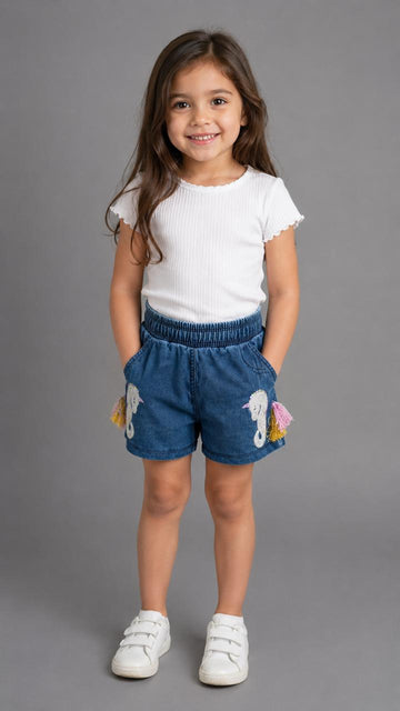 Girls Ruffle Denim Shorts – Elastic Waist Casual Summer Shorts in Blue
