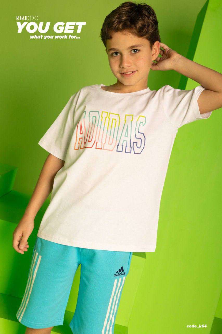 White ADIDAS Rainbow Logo T-Shirt + Light Blue ADIDAS Shorts - Bubbles Kids WearAll