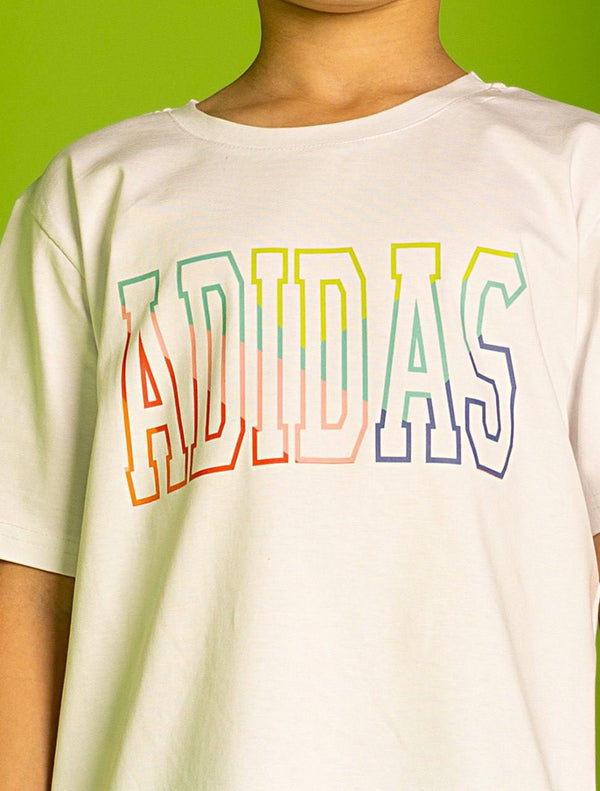 White ADIDAS Rainbow Logo T-Shirt + Light Blue ADIDAS Shorts - Bubbles Kids WearAll